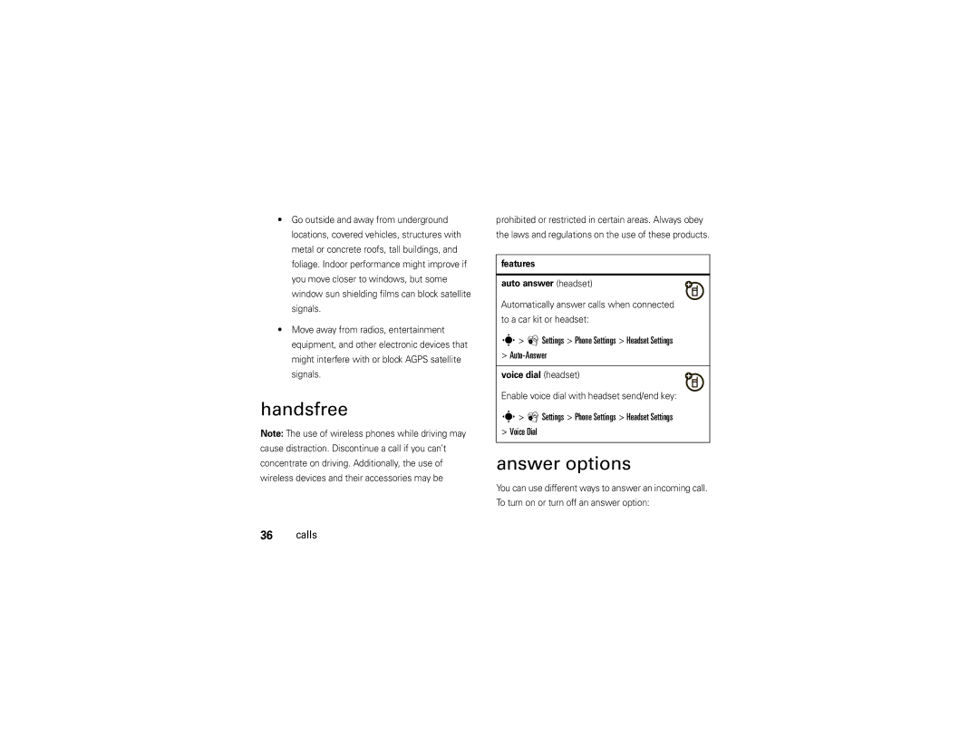 Motorola VA76R manual Handsfree, Answer options, Settings Phone Settings Headset Settings Auto-Answer 