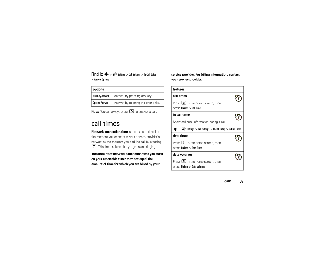 Motorola VA76R manual Call times, Options, In-call timer, Data times, Data volumes 