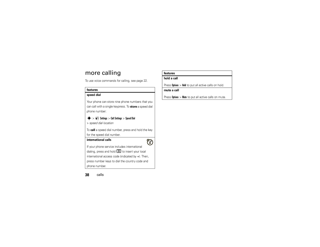 Motorola VA76R manual More calling, Settings Call Settings Speed Dial 