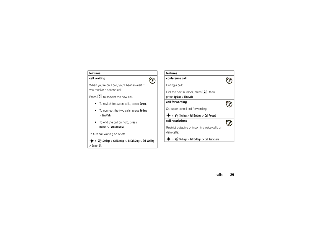 Motorola VA76R manual Link Calls, Options End Call On Hold, On or Off, Settings Call Settings Call Forward 