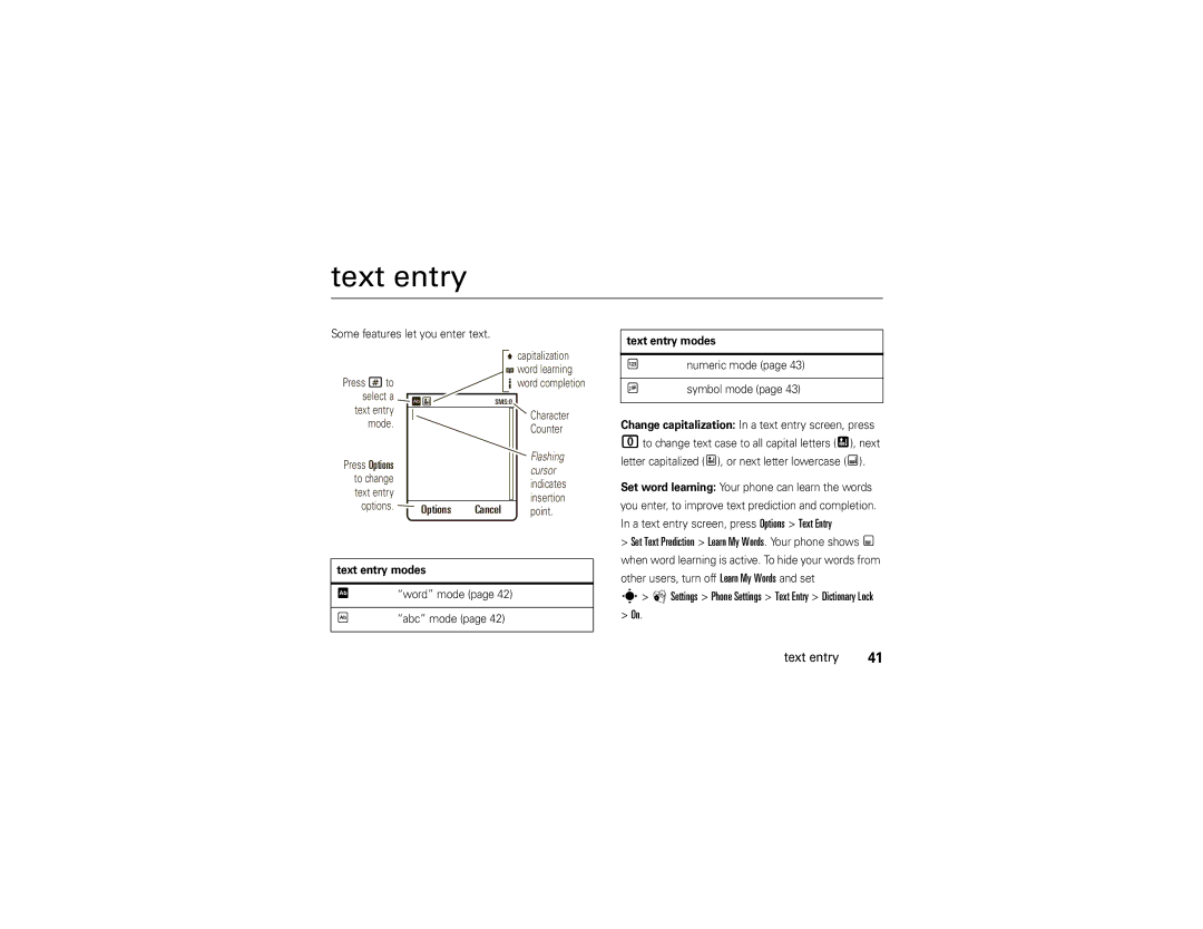 Motorola VA76R manual Text entry modes 