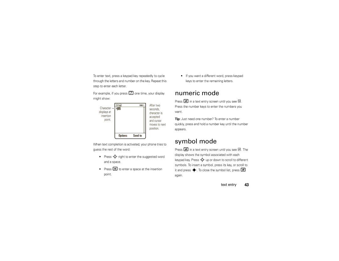 Motorola VA76R manual Numeric mode, Symbol mode 