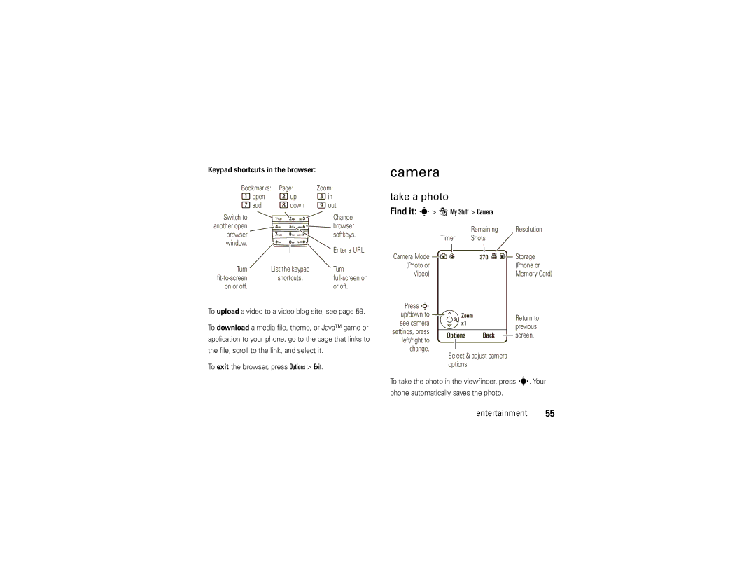 Motorola VA76R manual Take a photo, Find it s É My Stuff Camera, Keypad shortcuts in the browser 