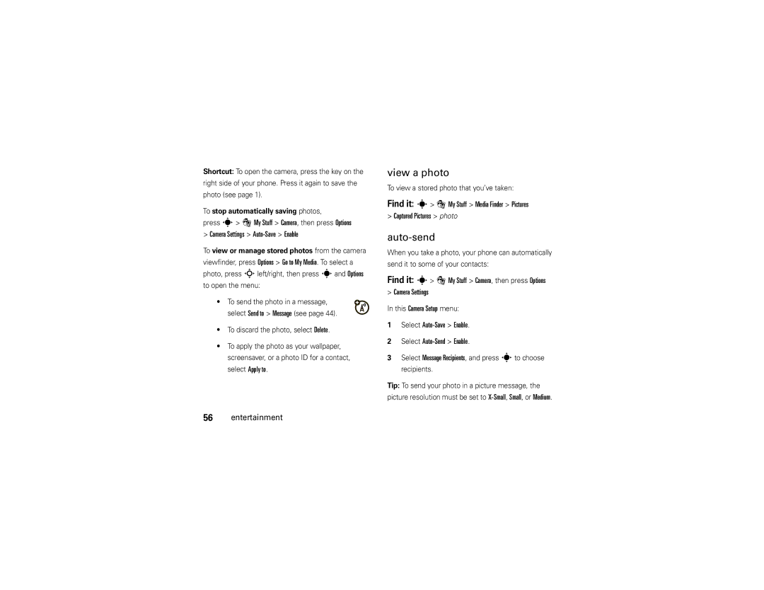 Motorola VA76R View a photo, Auto-send, Camera Settings Auto-Save Enable, Select Auto-Save Enable Select Auto-Send Enable 