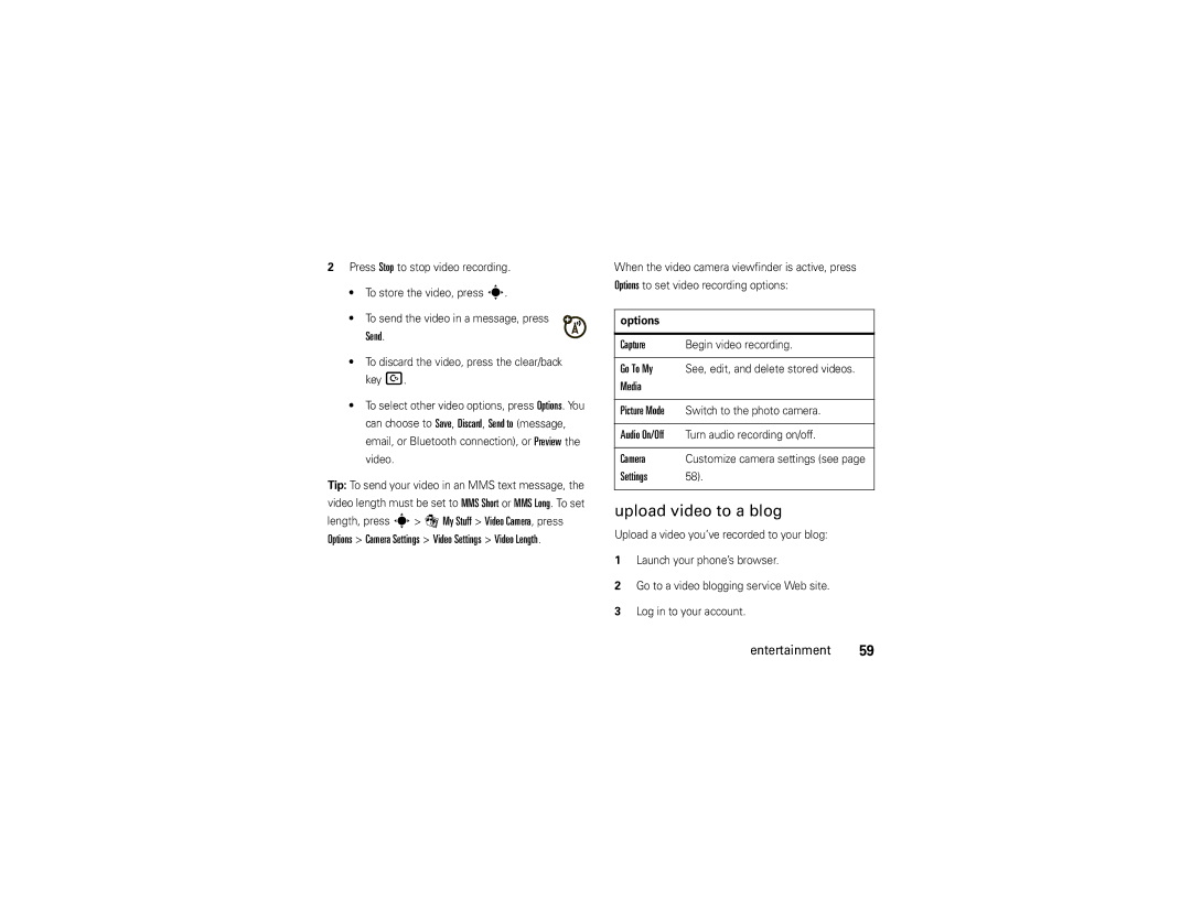 Motorola VA76R manual Upload video to a blog, Settings 