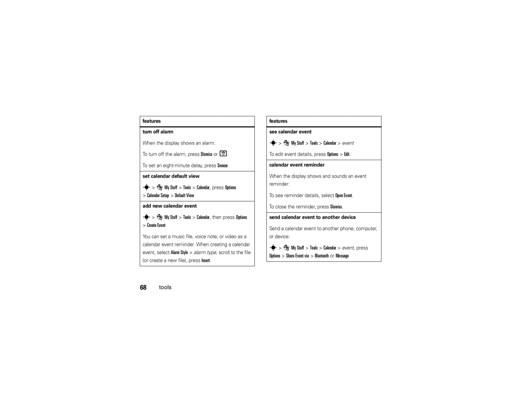 Motorola VA76R manual My Stuff Tools Calendar, then press Options Create Event, My Stuff Tools Calendar event 