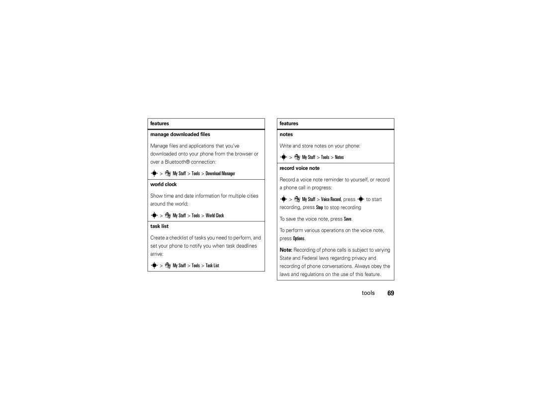Motorola VA76R My Stuff Tools Download Manager, My Stuff Tools World Clock, My Stuff Tools Task List, My Stuff Tools Notes 