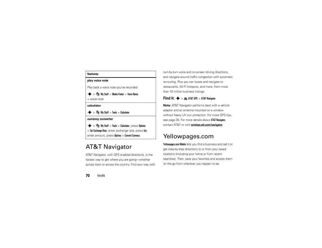 Motorola VA76R manual AT&T Navigator, Yellowpages.com 