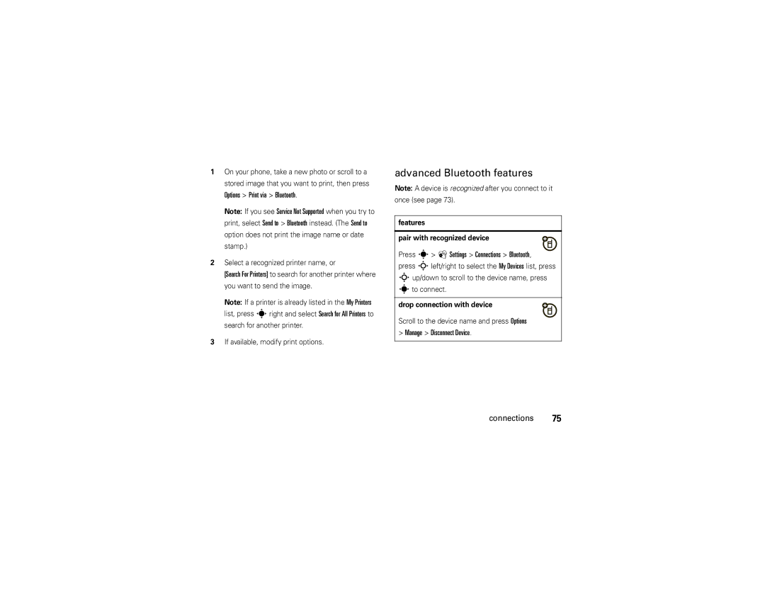 Motorola VA76R manual Advanced Bluetooth features, Options Print via Bluetooth, Press s á Settings Connections Bluetooth 