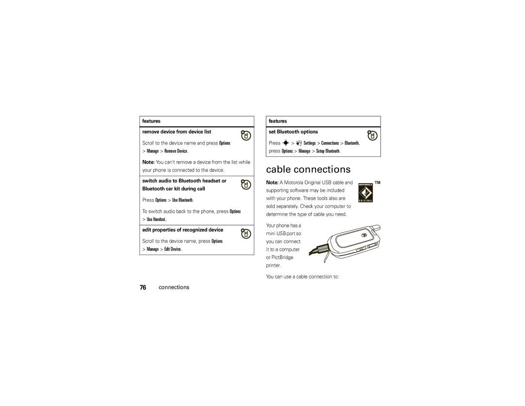 Motorola VA76R manual Cable connections, Manage Remove Device, Press Options Use Bluetooth, Use Handset, Manage Edit Device 