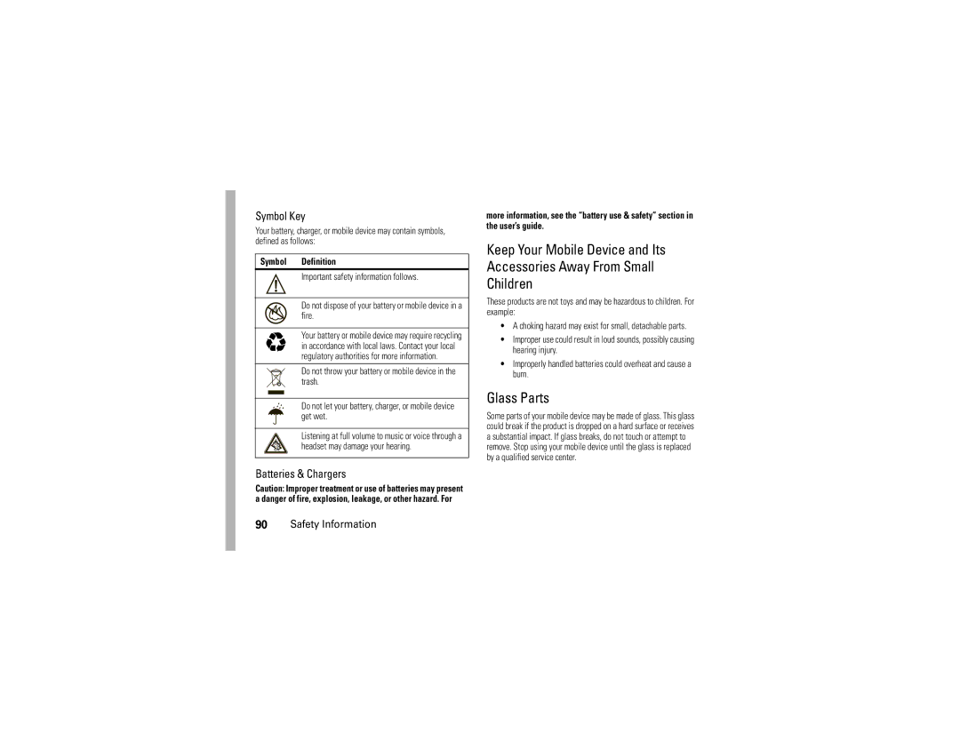 Motorola VA76R manual Glass Parts, Symbol Key 