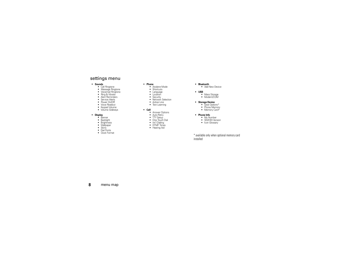 Motorola VE 240 manual Settings menu, Available only when optional memory card installed 