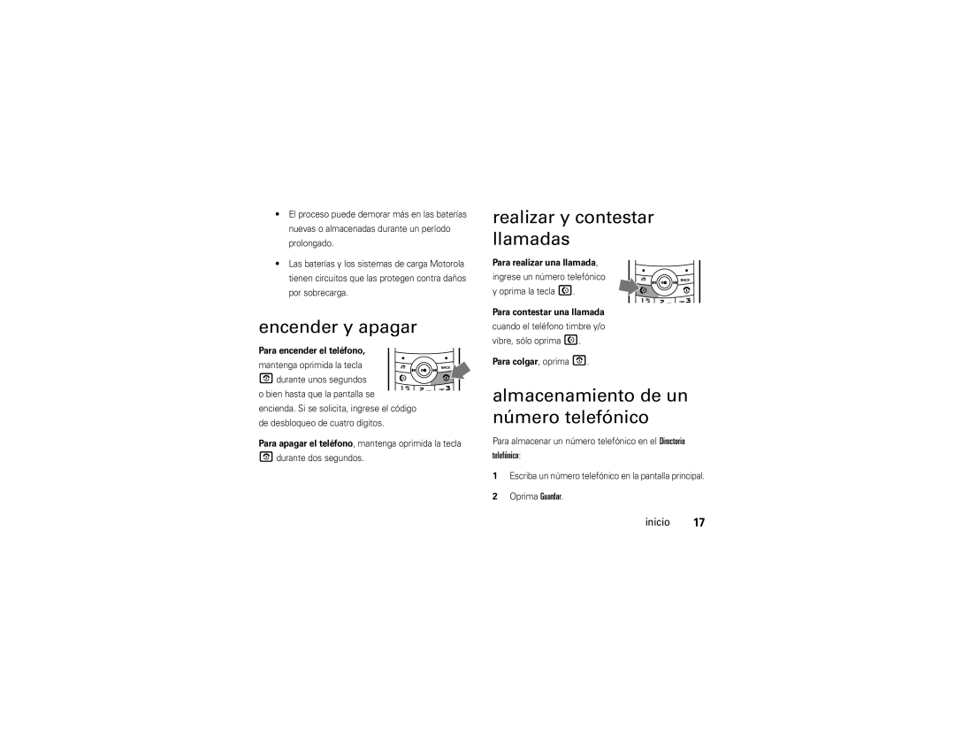 Motorola VE 240 manual Encender y apagar, Realizar y contestar llamadas, Almacenamiento de un número telefónico 