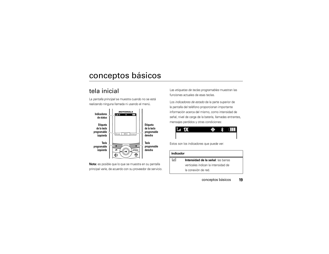 Motorola VE 240 manual Conceptos básicos, Tela inicial, Indicador 