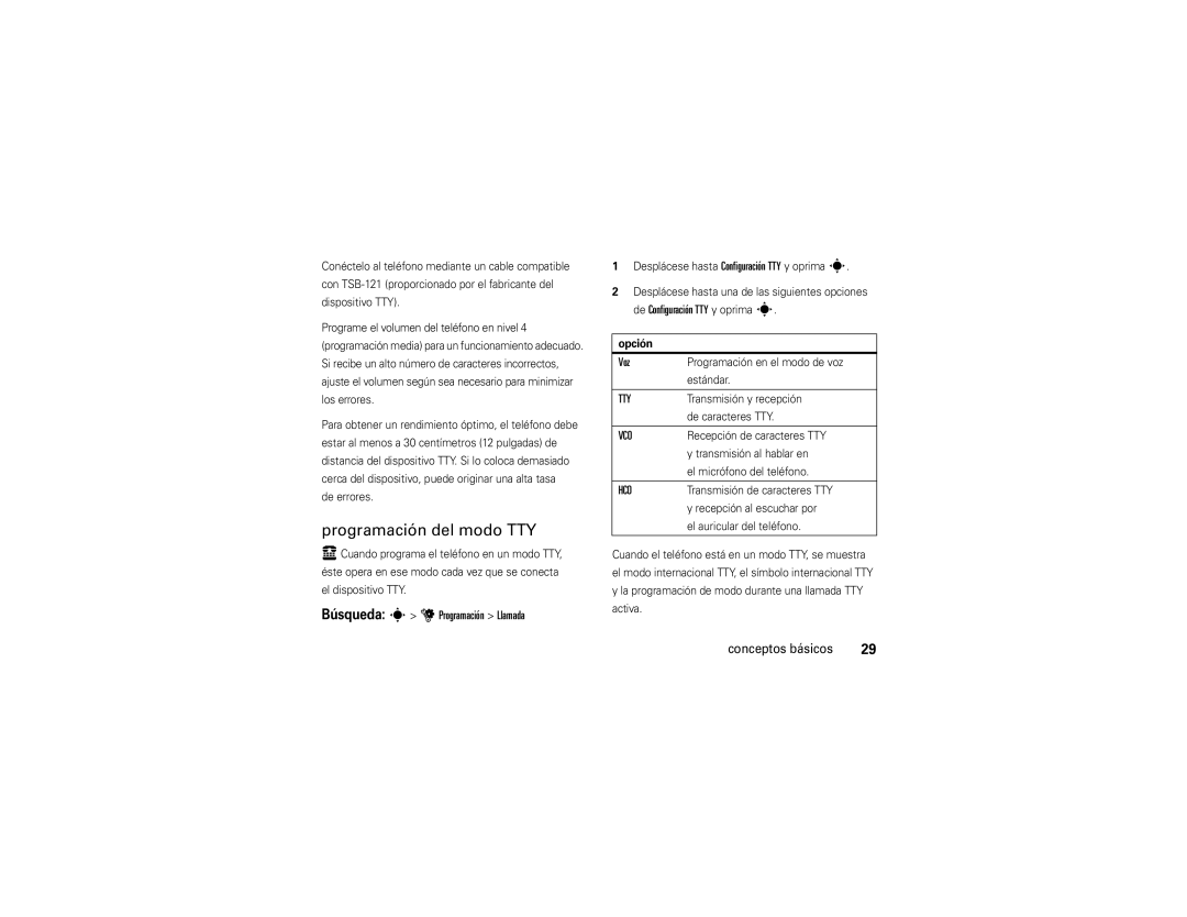 Motorola VE 240 manual Programación del modo TTY, Búsqueda s u Programación Llamada, Voz, Opción 