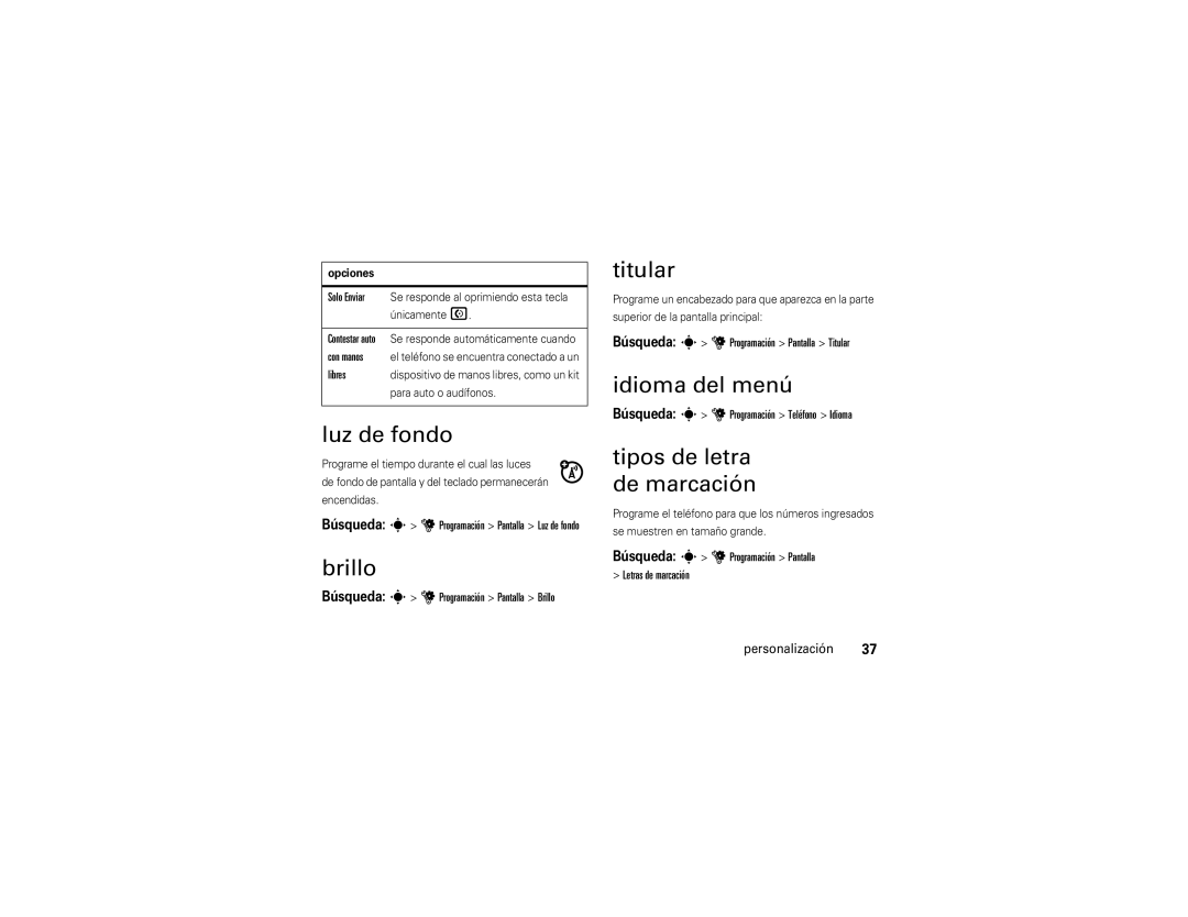 Motorola VE 240 manual Luz de fondo, Brillo, Titular, Idioma del menú, Tipos de letra de marcación 