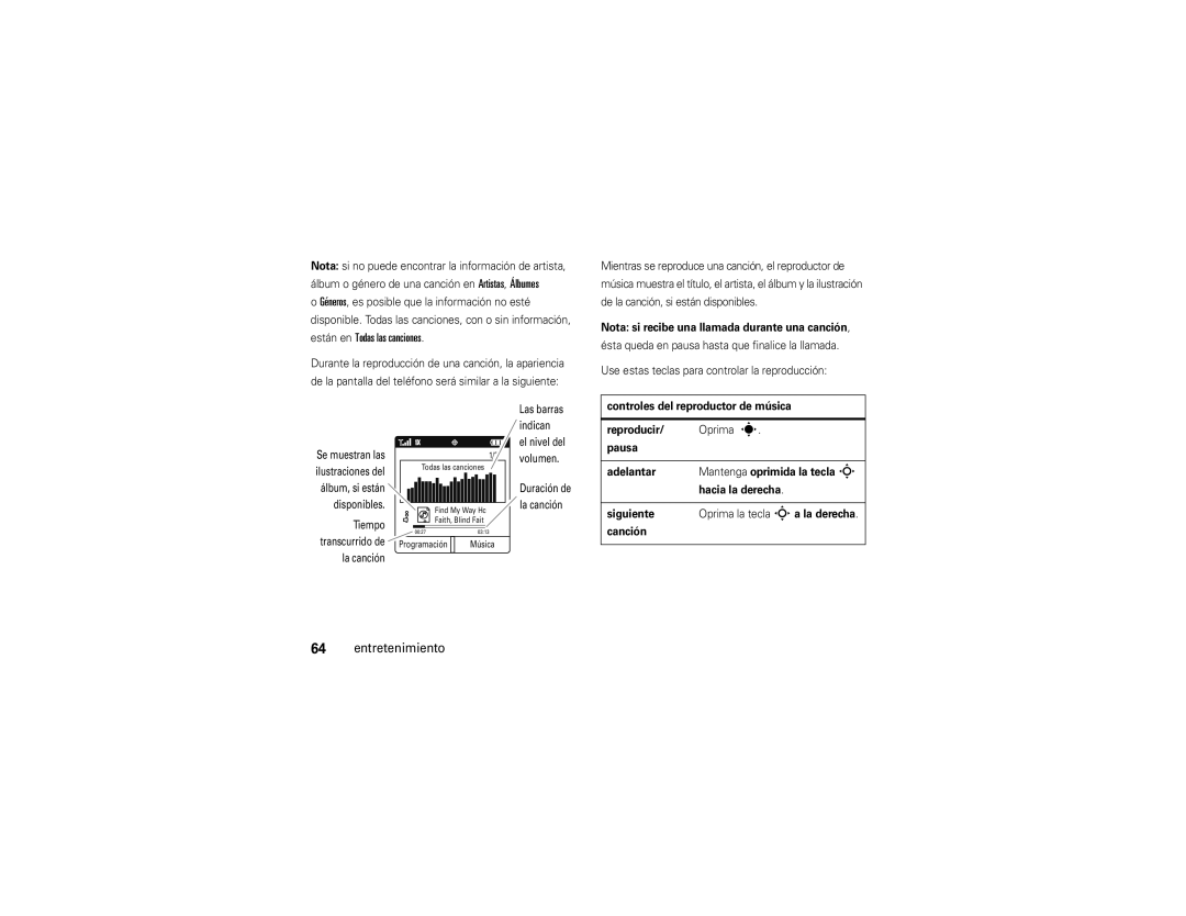 Motorola VE 240 manual Nota si recibe una llamada durante una canción 