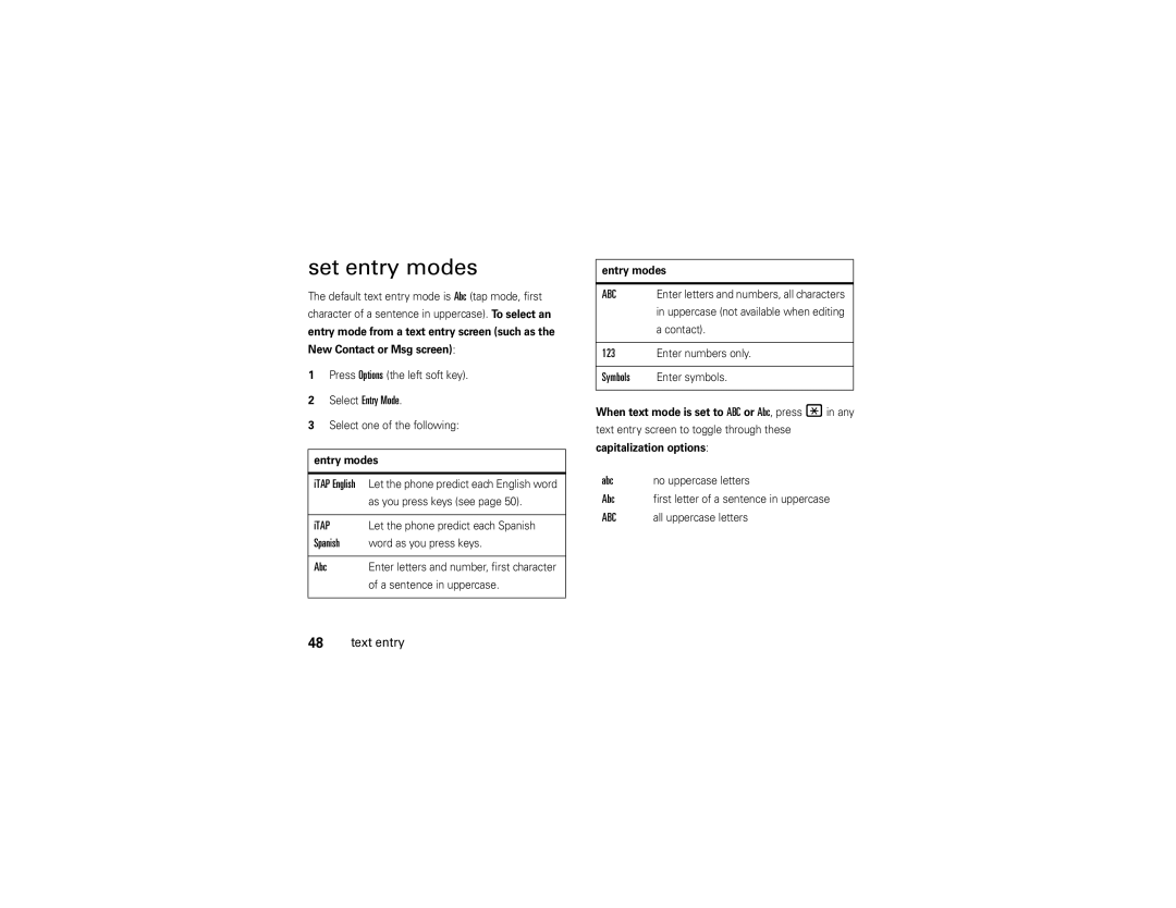 Motorola VE 240 manual Set entry modes, Select Entry Mode, Itap, Spanish, Abc 