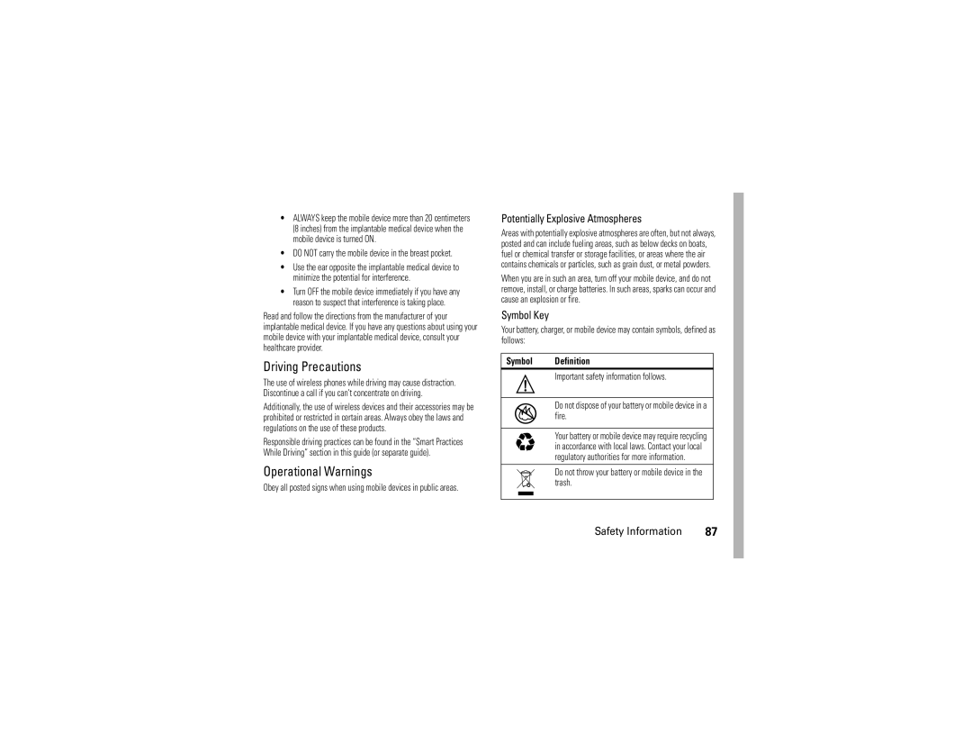 Motorola VE 240 manual Driving Precautions, Operational Warnings, Potentially Explosive Atmospheres, Symbol Key 