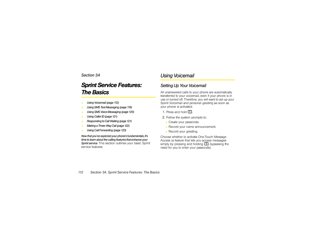 Motorola VE20 manual Sprint Service Features The Basics, Using Voicemail, Setting Up Your Voicemail 