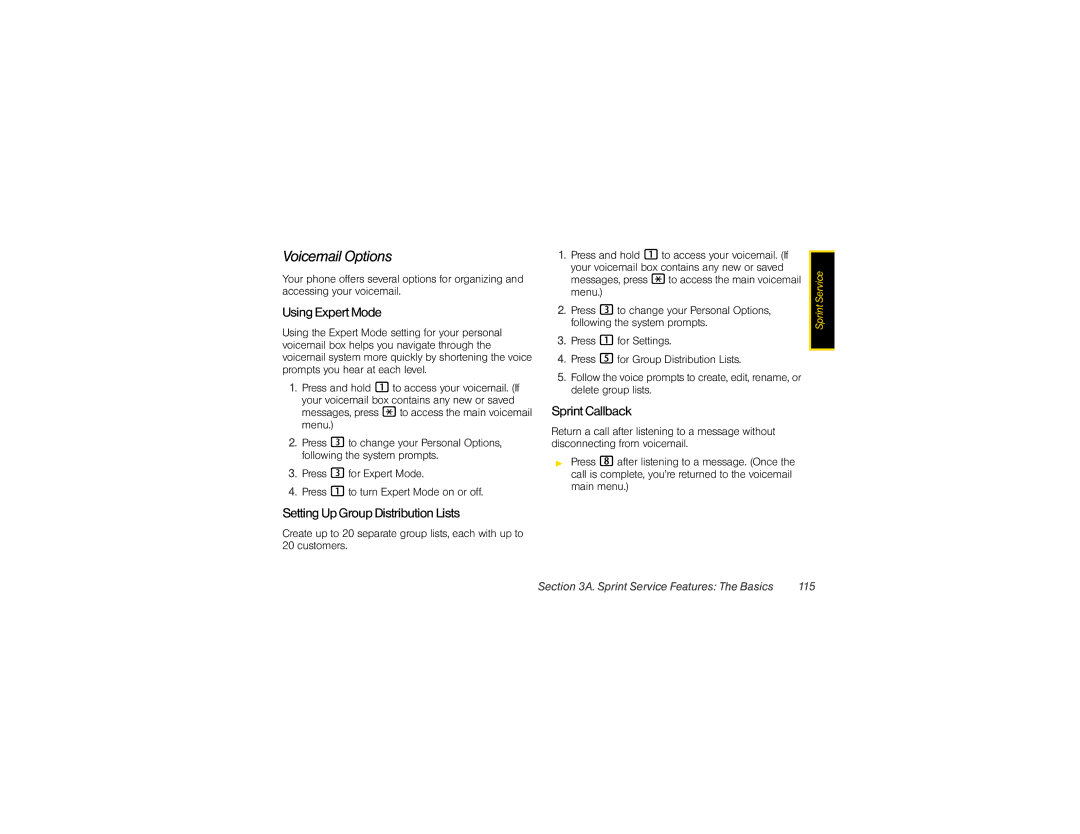 Motorola VE20 manual Voicemail Options, Using Expert Mode, Setting Up Group Distribution Lists, Sprint Callback 