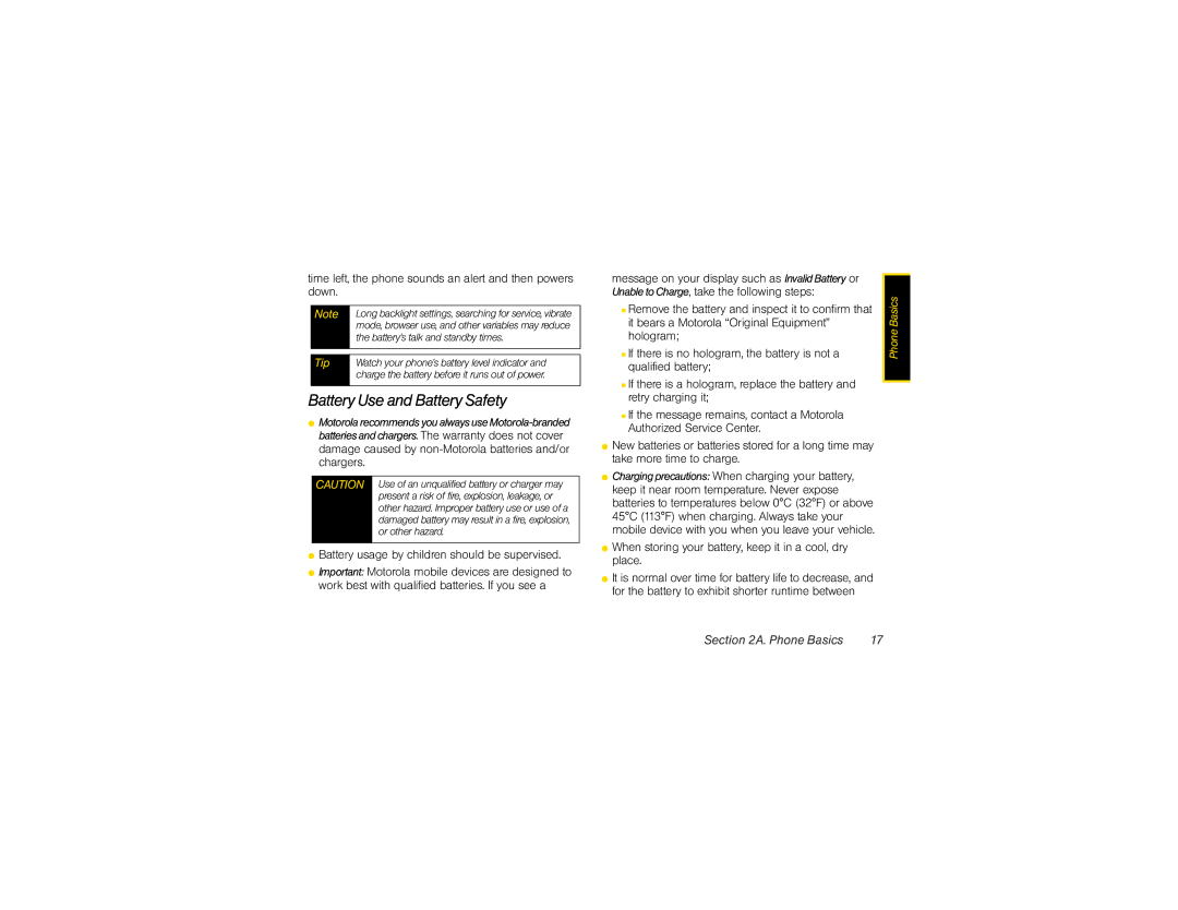 Motorola VE20 manual Battery Use and Battery Safety, Time left, the phone sounds an alert and then powers down 