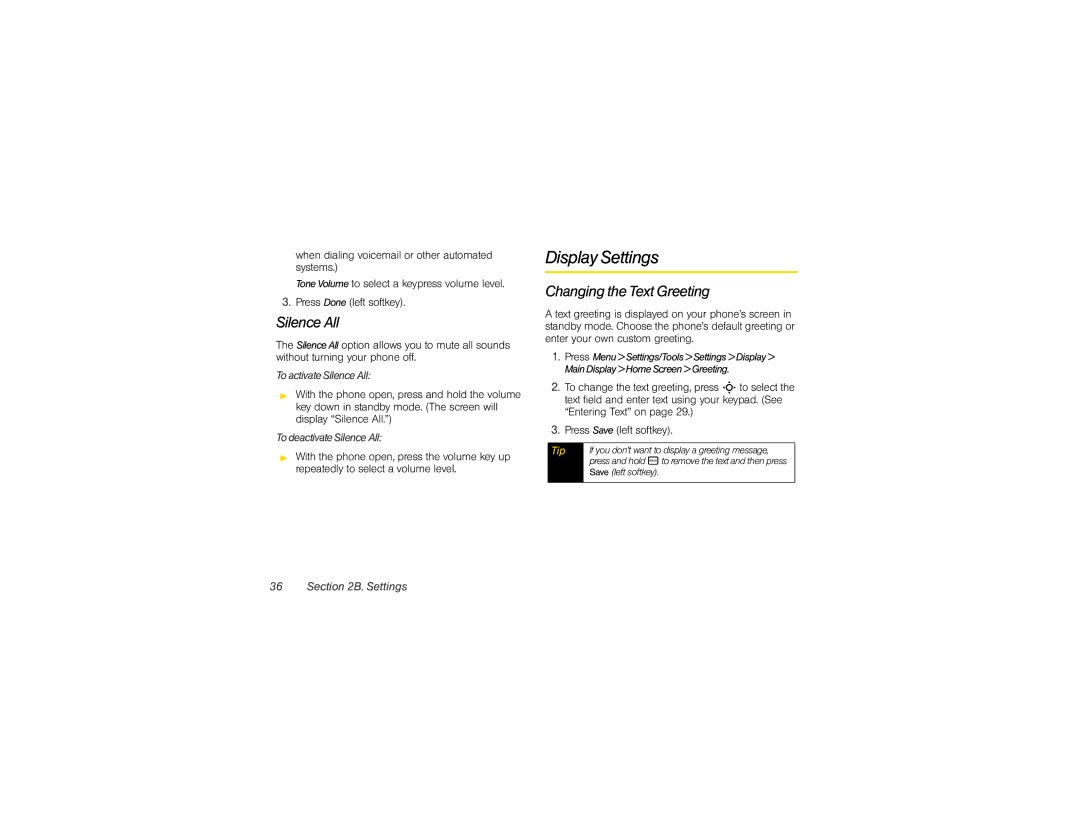 Motorola VE20 Display Settings, Silence All, Changing the Text Greeting, ToactivateSilenceAll, TodeactivateSilenceAll 