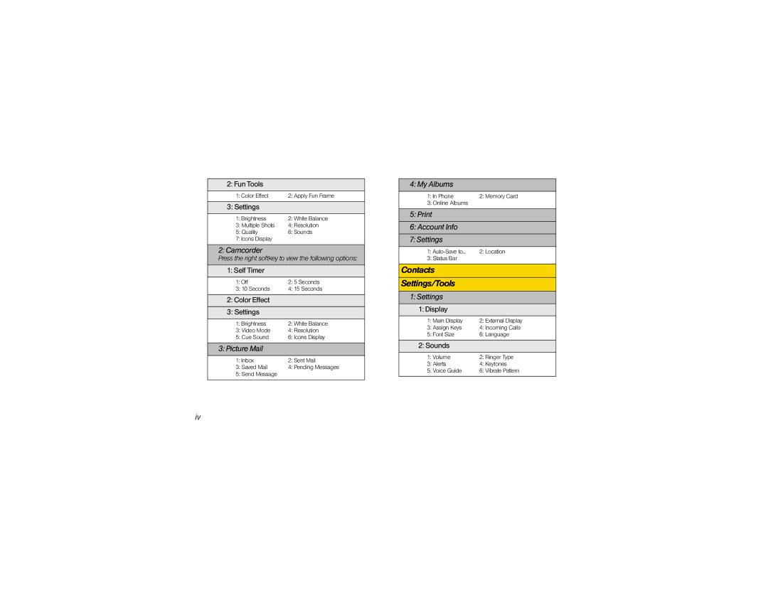 Motorola VE20 manual Contacts Settings/Tools 