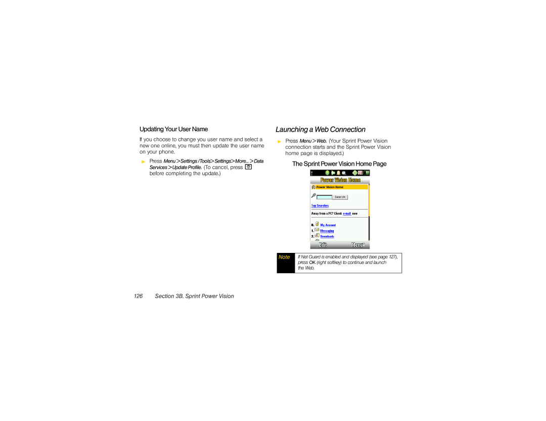 Motorola VE20 manual Launching a Web Connection, Updating Your User Name, Sprint Power Vision Home 
