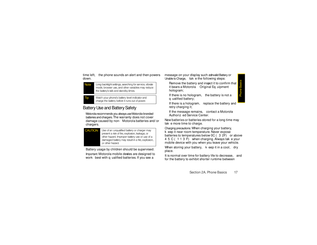 Motorola VE20 manual Battery Use and Battery Safety, Time left, the phone sounds an alert and then powers down 