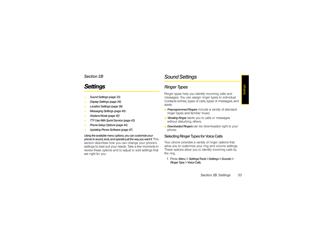 Motorola VE20 manual Sound Settings, Selecting Ringer Types for Voice Calls 