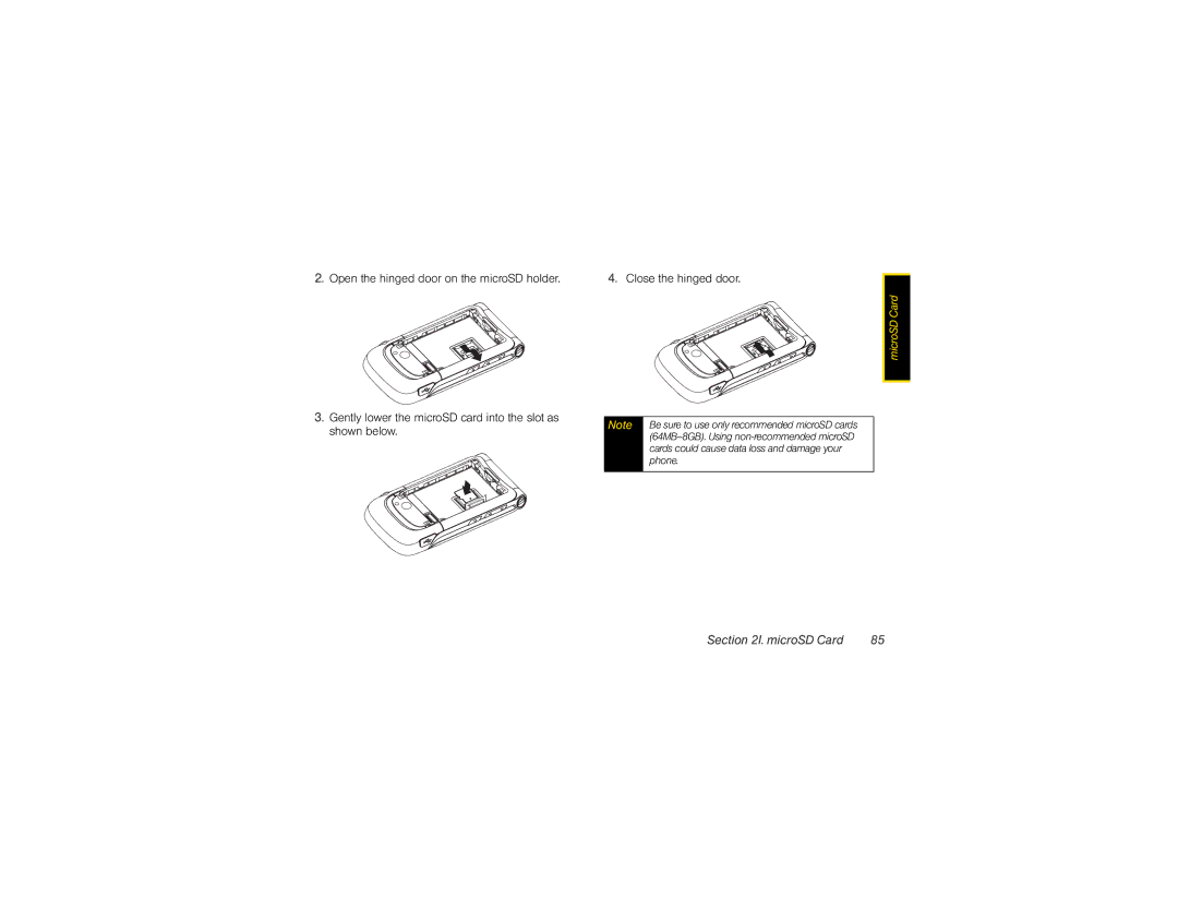 Motorola VE20 manual Be sure to use only recommended microSD cards, 64MB-8GB. Using non-recommended microSD, Phone 