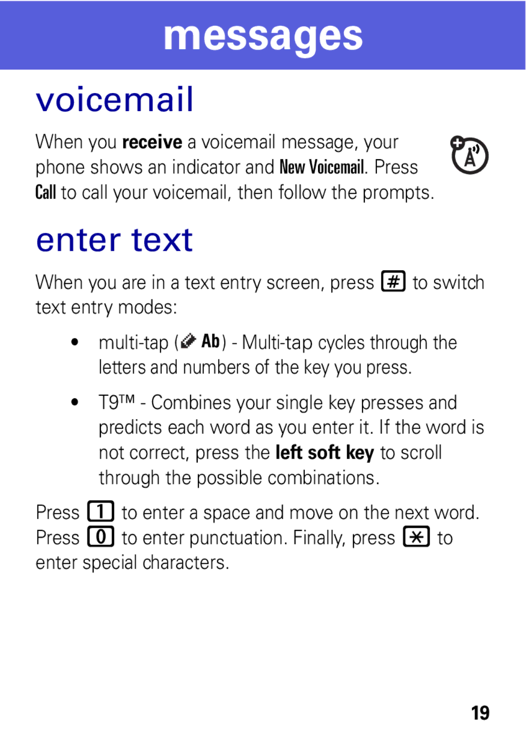 Motorola VE538 manual Voicemail, Enter text 