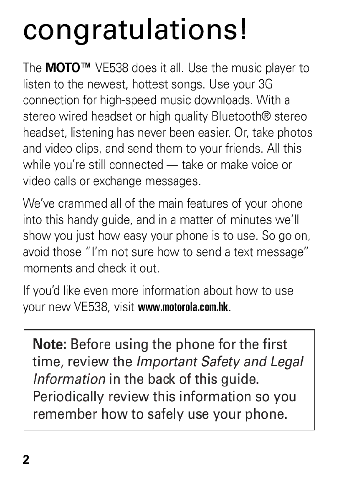 Motorola VE538 manual Congratulations 