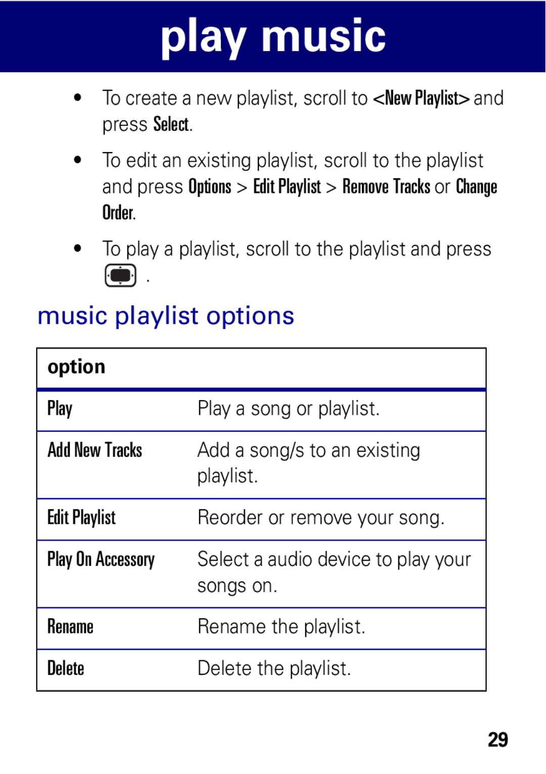 Motorola VE538 manual Music playlist options 