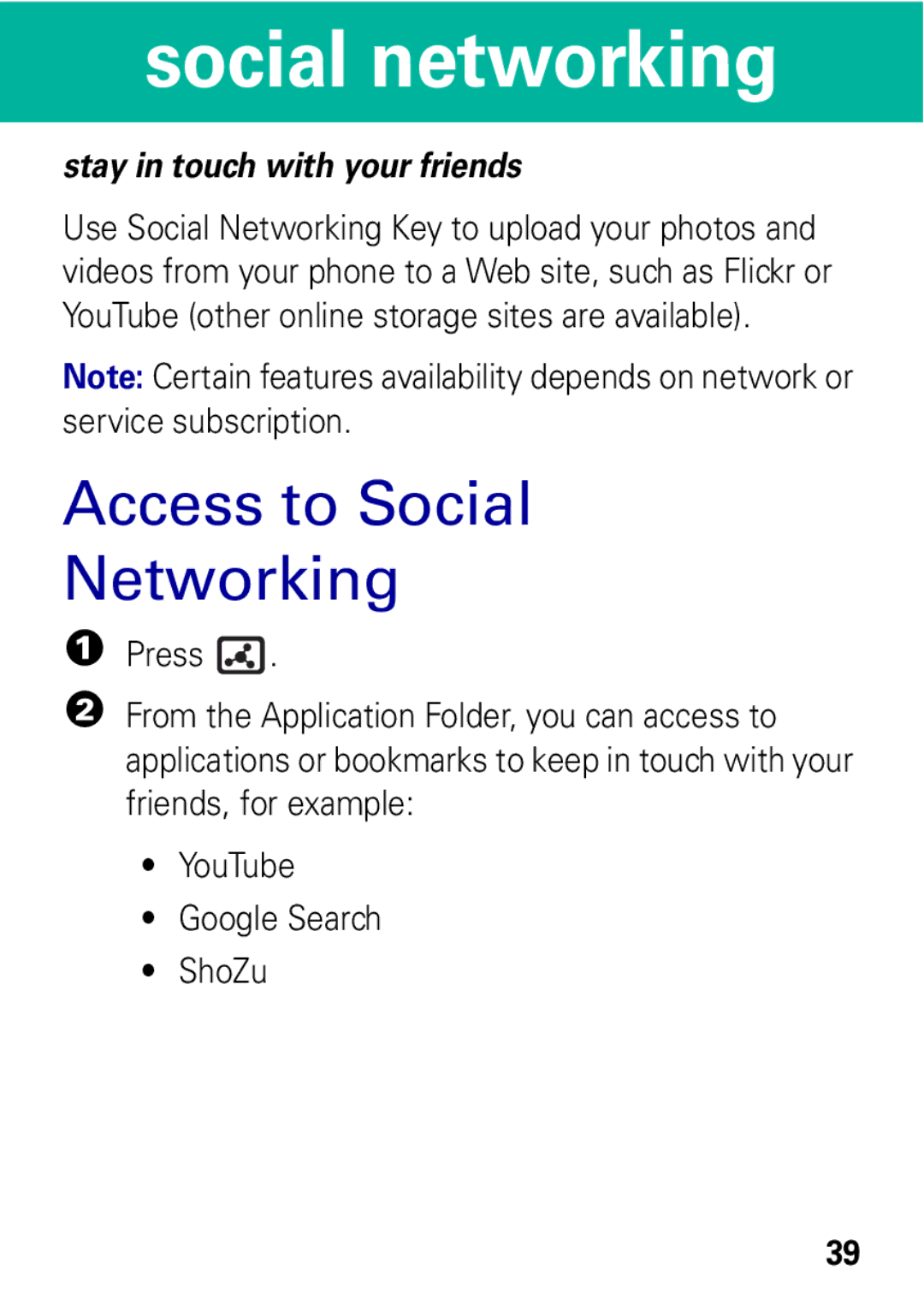 Motorola VE538 manual Social networking, Access to Social Networking 