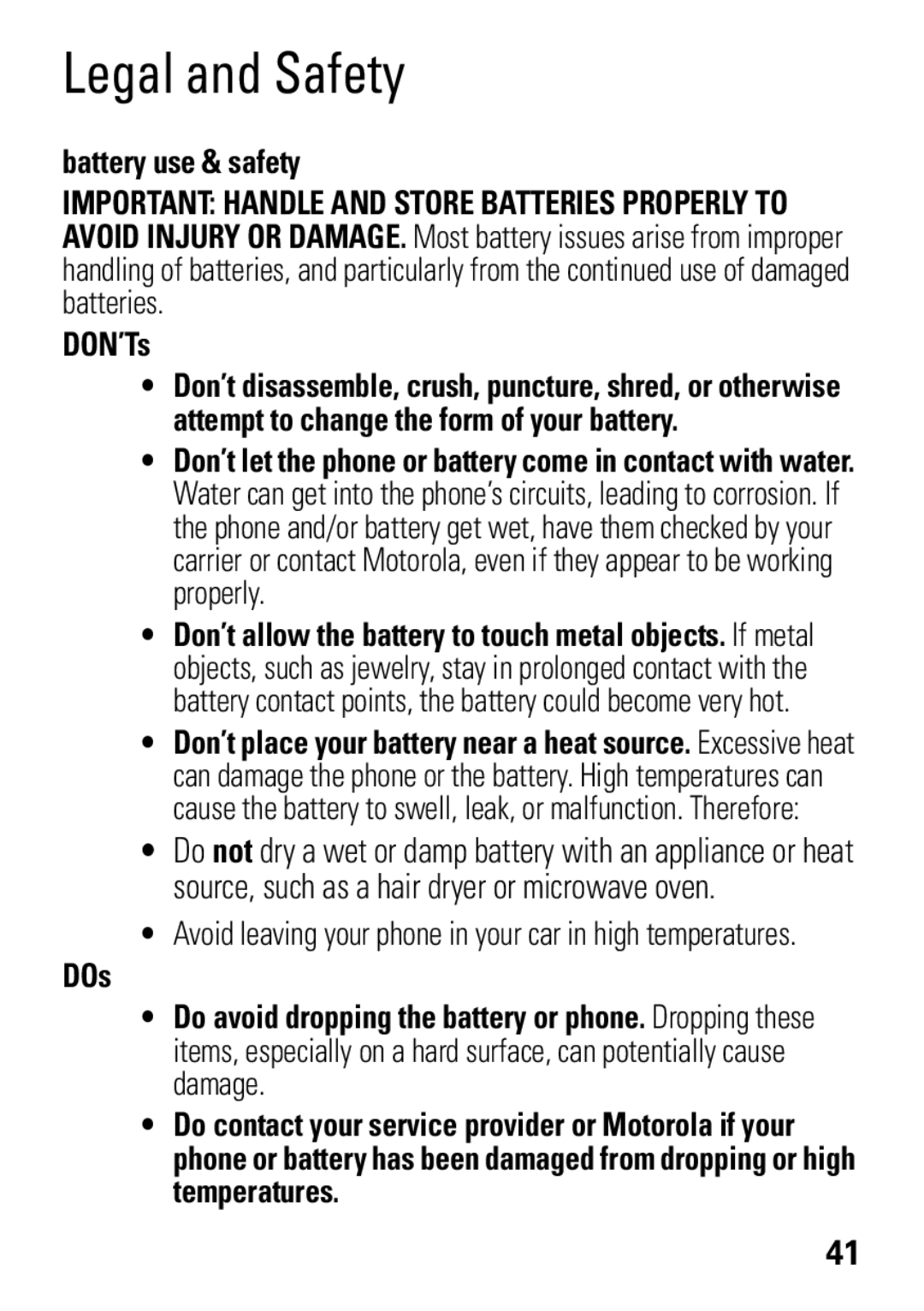 Motorola VE538 manual Battery use & safety, DON’Ts, DOs 