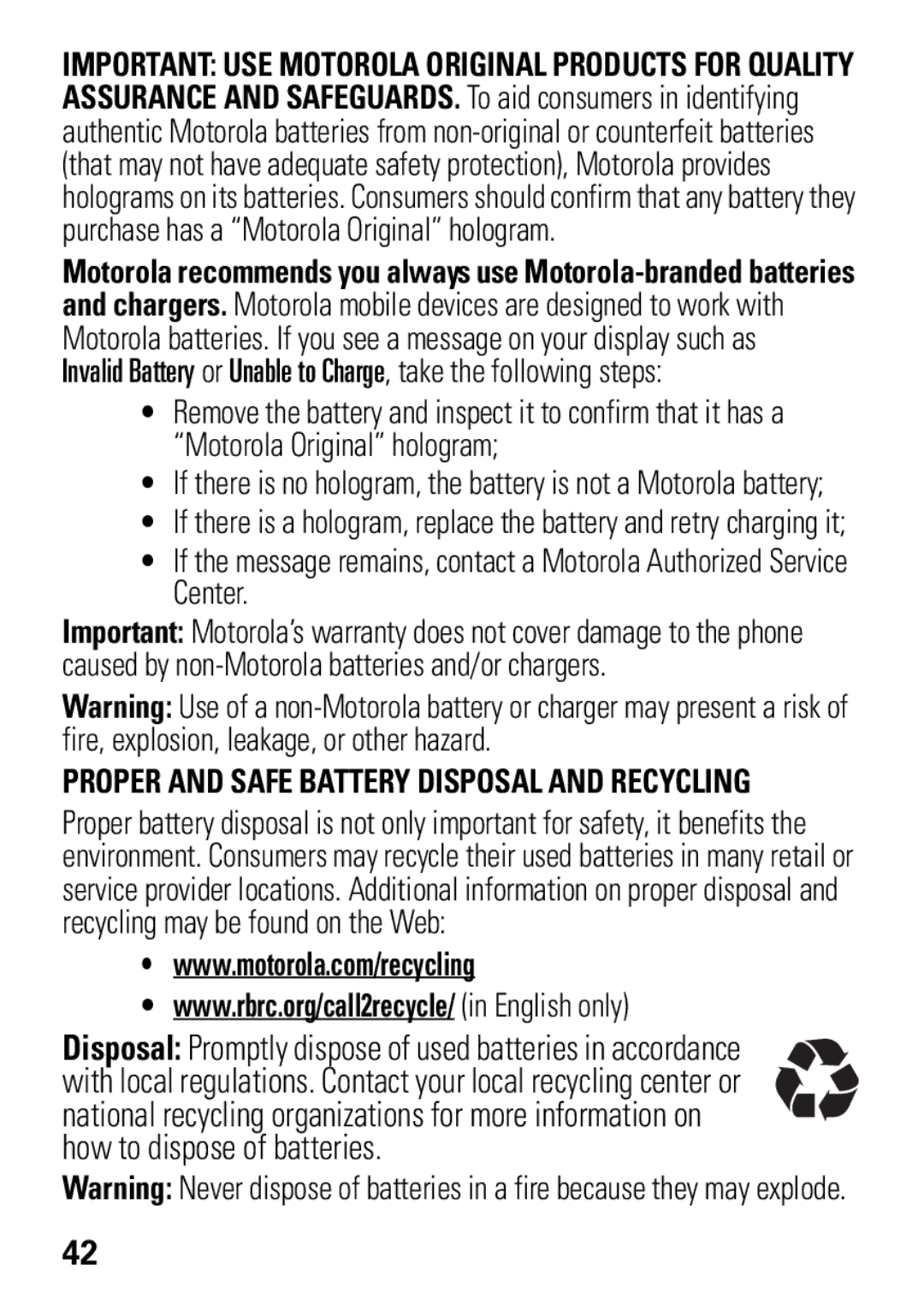 Motorola VE538 manual Proper and Safe Battery Disposal and Recycling 