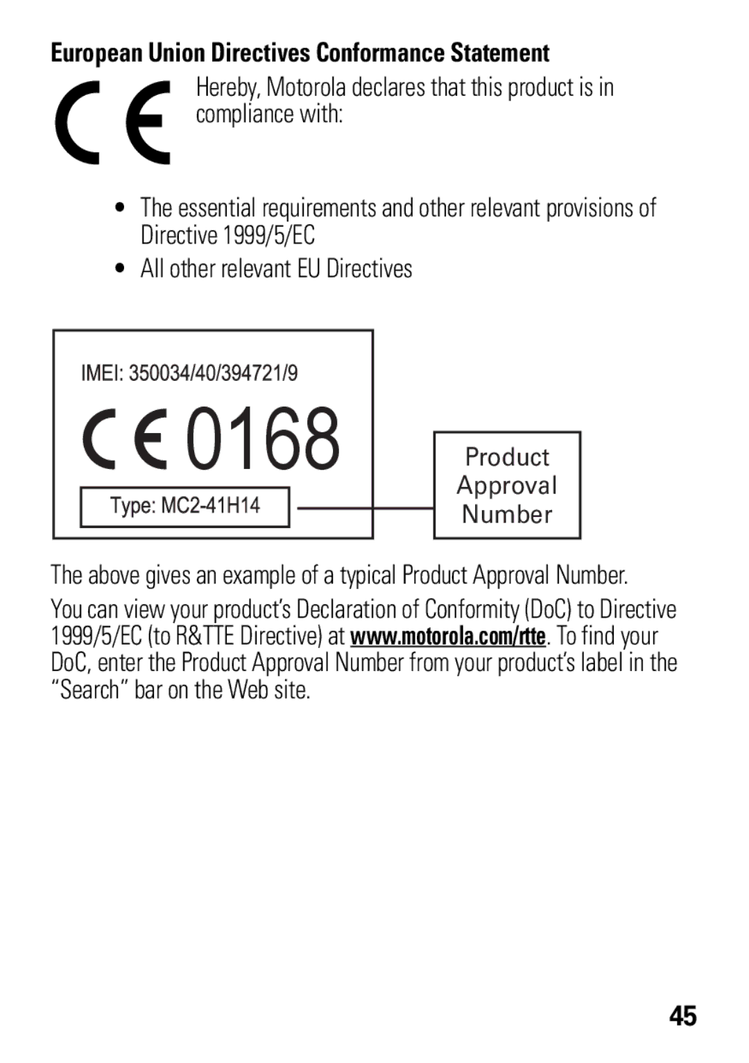 Motorola VE538 manual 0168, European Union Directives Conformance Statement 