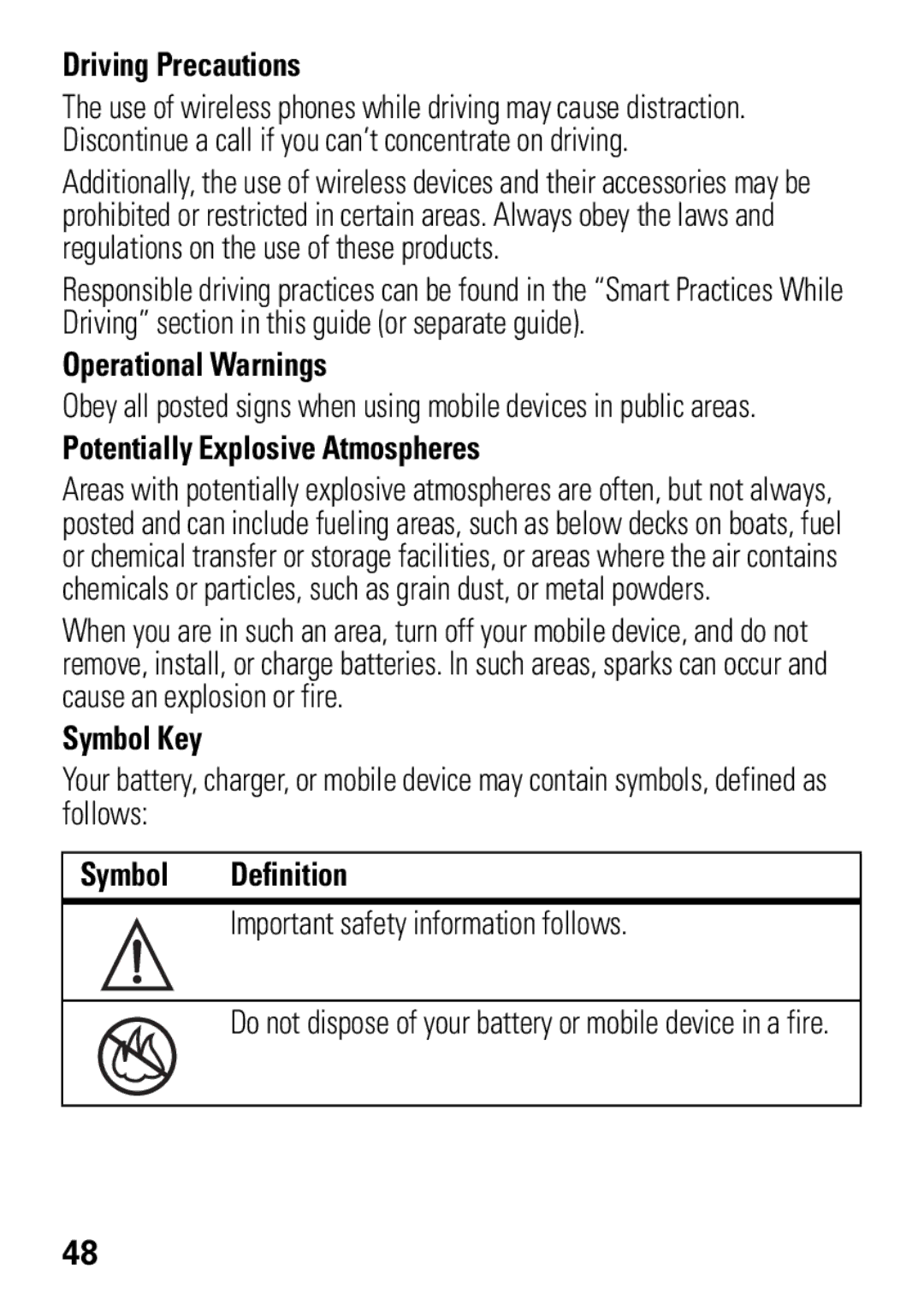 Motorola VE538 Driving Precautions, Operational Warnings, Potentially Explosive Atmospheres, Symbol Key, Symbol Definition 