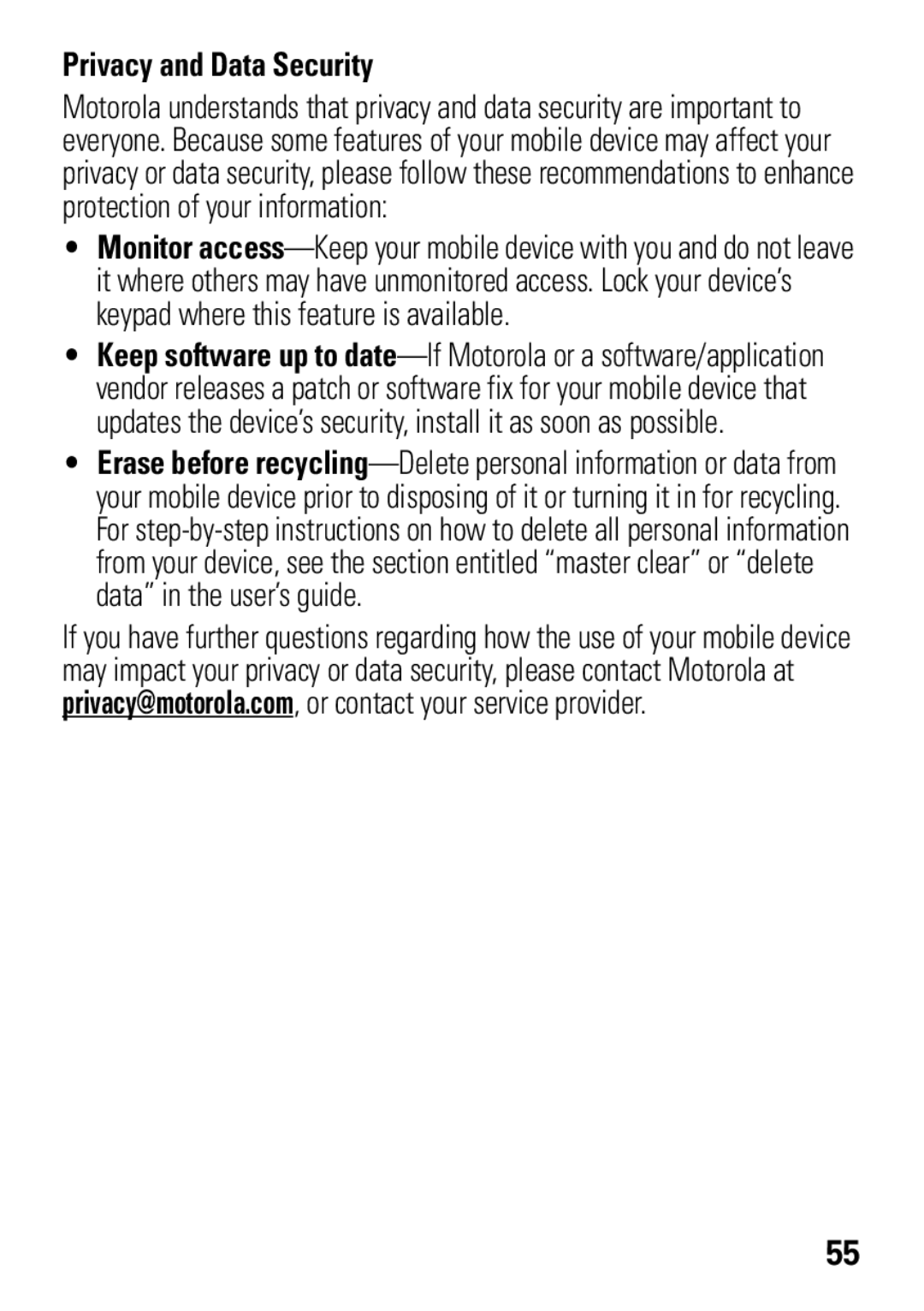 Motorola VE538 manual Privacy and Data Security 