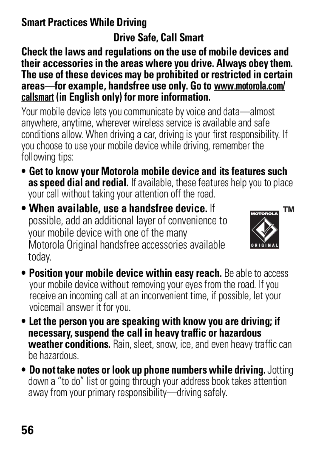 Motorola VE538 manual Smart Practices While Driving Drive Safe, Call Smart 