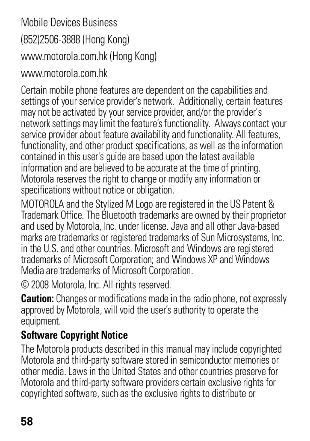 Motorola VE538 manual Software Copyright Notice 