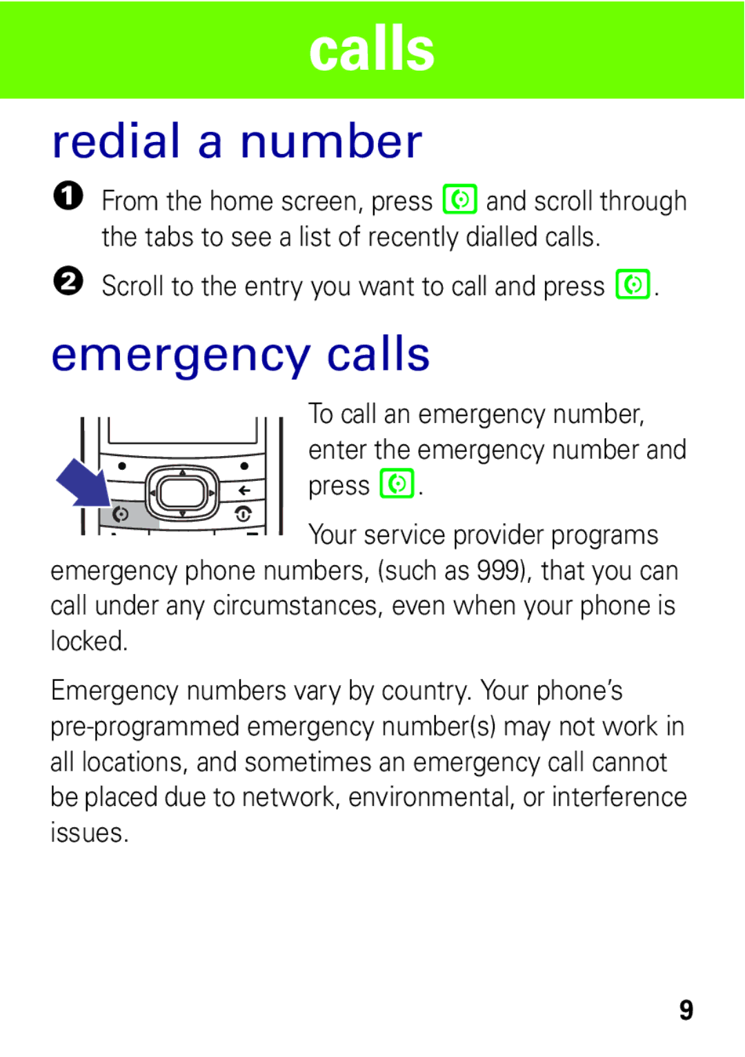 Motorola VE538 manual Redial a number, Emergency calls 