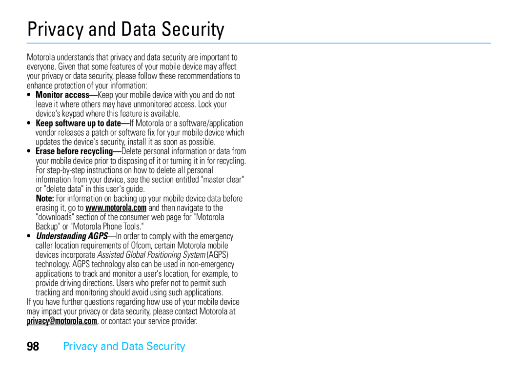 Motorola VE66 manual Privacy and Data Security 