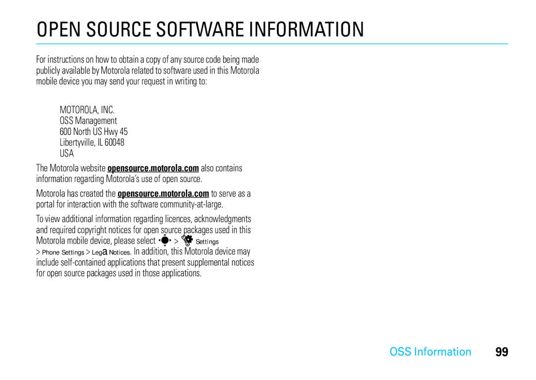 Motorola VE66 manual Open Source Software Information, OSS Information 