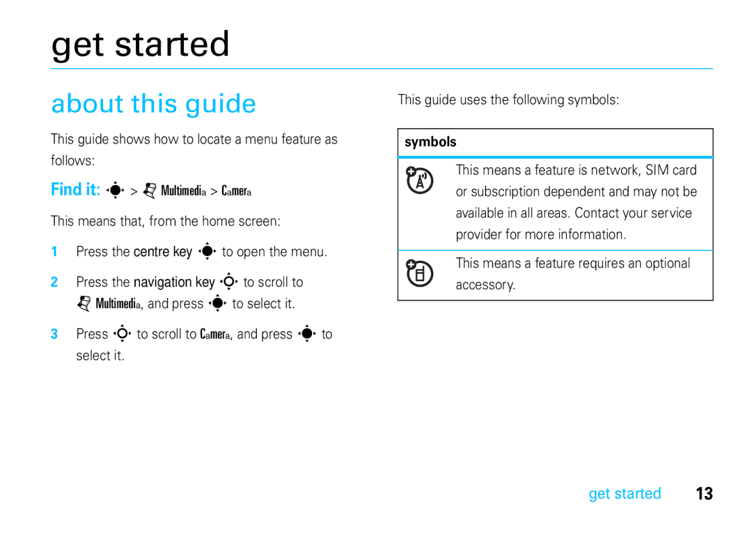 Motorola VE66 manual Get started, About this guide, Find it s j Multimedia Camera, Symbols 