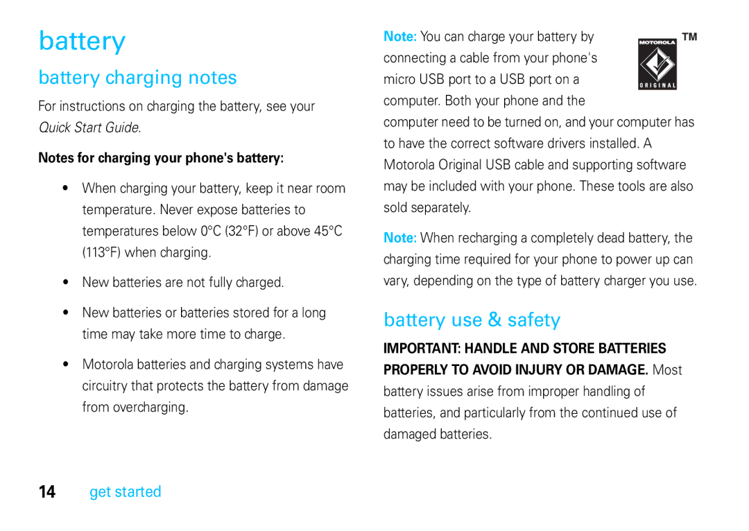 Motorola VE66 manual Battery charging notes, Battery use & safety, Properly to Avoid Injury or DAMAGE. Most 