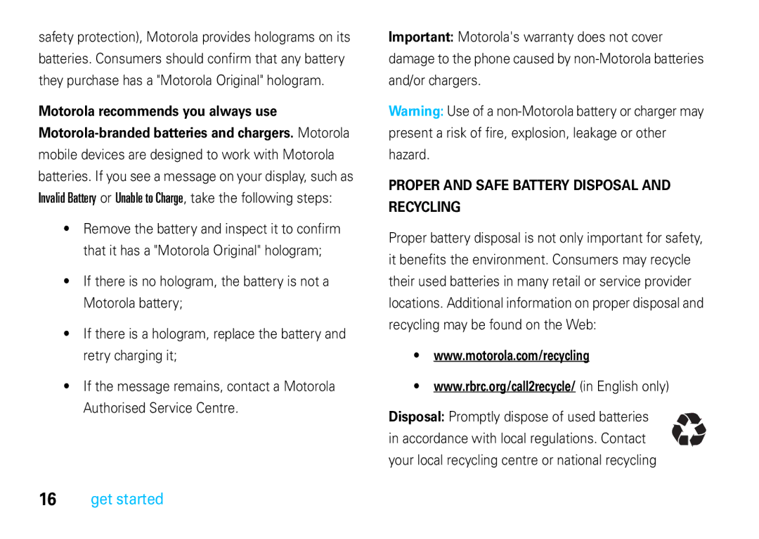 Motorola VE66 manual Proper and Safe Battery Disposal Recycling 