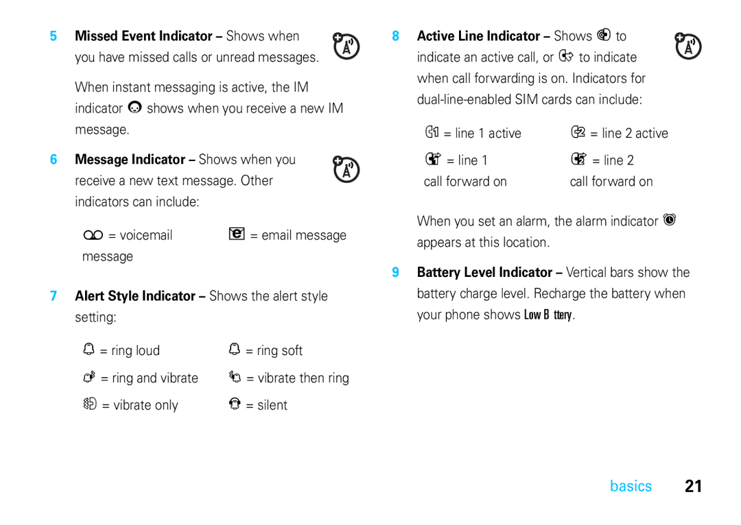 Motorola VE66 manual = voicemail = email message Message, Alert Style Indicator Shows the alert style setting 